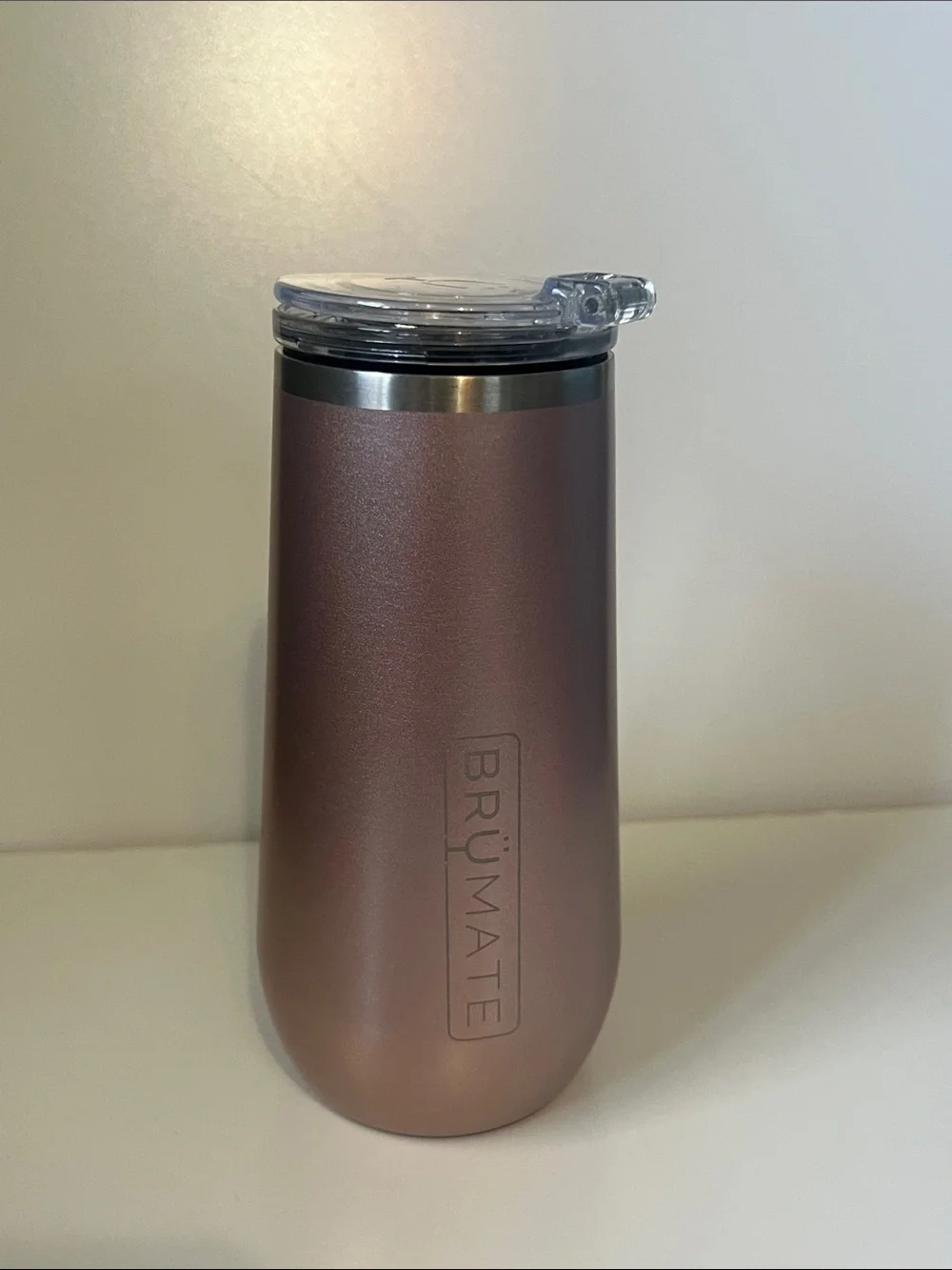 BrüMate Champagne Flute 12oz with Flip-Top Lid Glitter Rose Gold